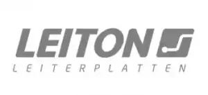 Logo mit dem Schriftzug LEITON LEITERPLATTEN und einer stilisierten Grafik eines elektronischen Schaltkreises.