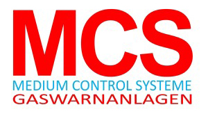 Logo mit großen roten Buchstaben MCS über Medium Control Systeme Gaswarnanlagen, das die Kompetenz des Sondermaschinenbaus hervorhebt.
