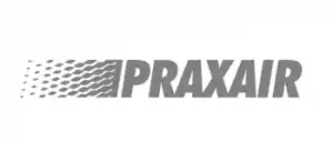 Praxair-Logo mit stilisierten, schrägen Punkten auf der linken Seite und fetter grauer Schrift PRAXAIR auf der rechten Seite.