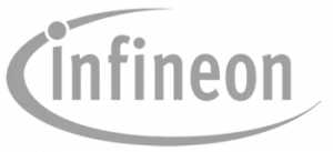 Graues und schwarzes Infineon-Logo mit stilisiertem Text in einem swoosh-förmigen Oval.